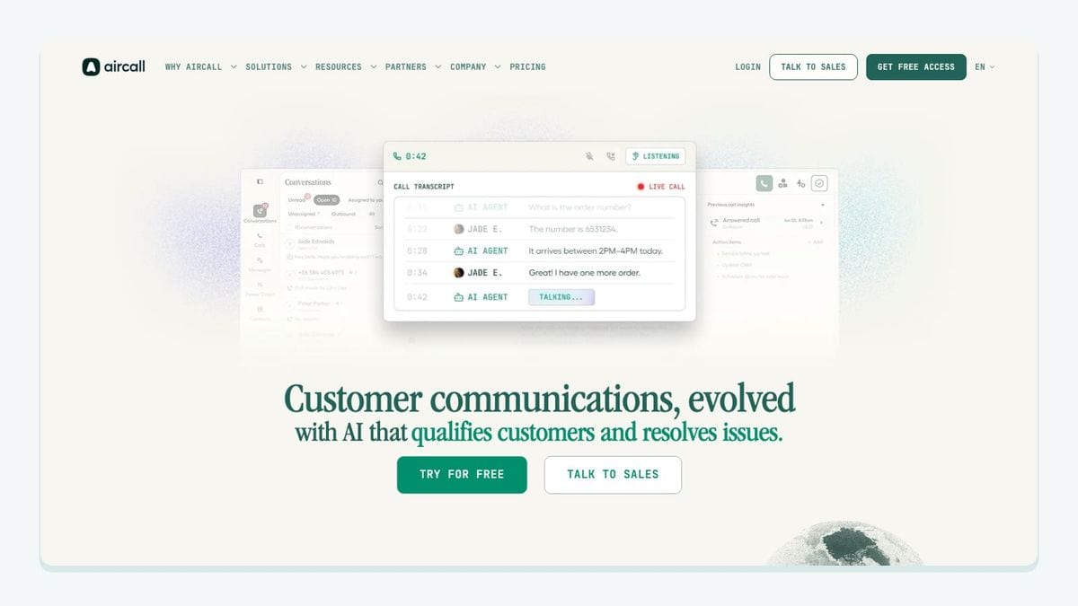 Screenshot of the aircall homepage