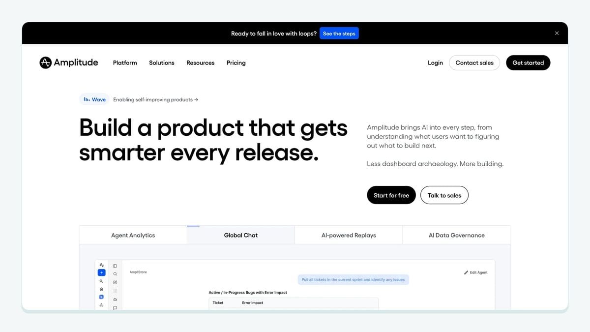 Screenshot of the Amplitude homepage — product analytics paired with Braze