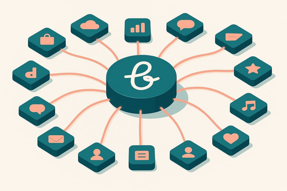 Illustration of a central engagement hub connected to ten integration apps by data streams