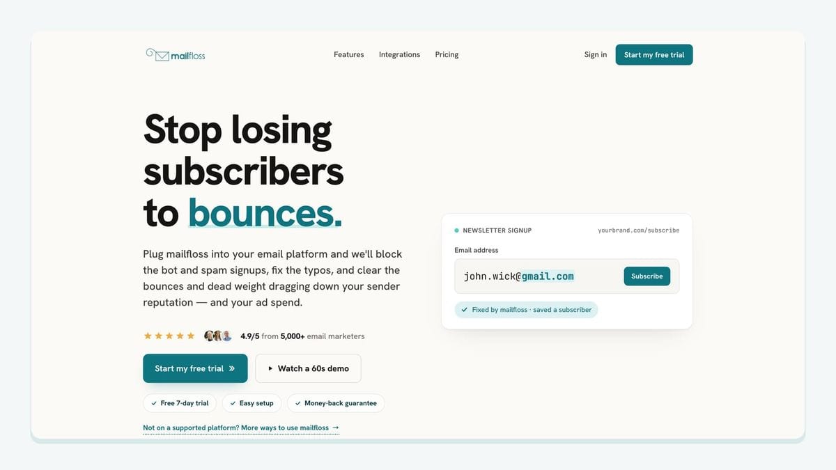 Screenshot of the mailfloss homepage — automatic email verification for Braze lists