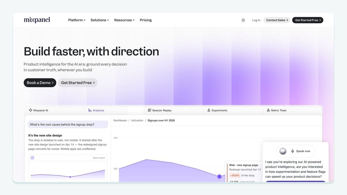 Screenshot of the Mixpanel homepage — behavioral analytics alongside Braze
