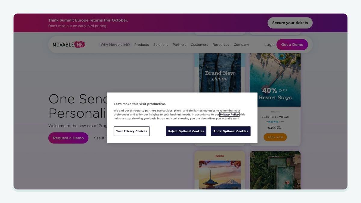 Screenshot of the Movable Ink homepage — visual personalization for Braze messages
