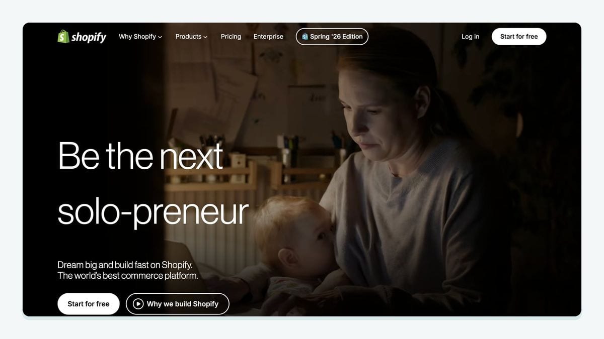 Screenshot of the Shopify homepage — the commerce platform triggering Braze engagement
