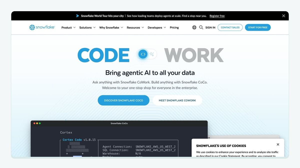 Screenshot of the Snowflake homepage — the data warehouse behind a Braze stack