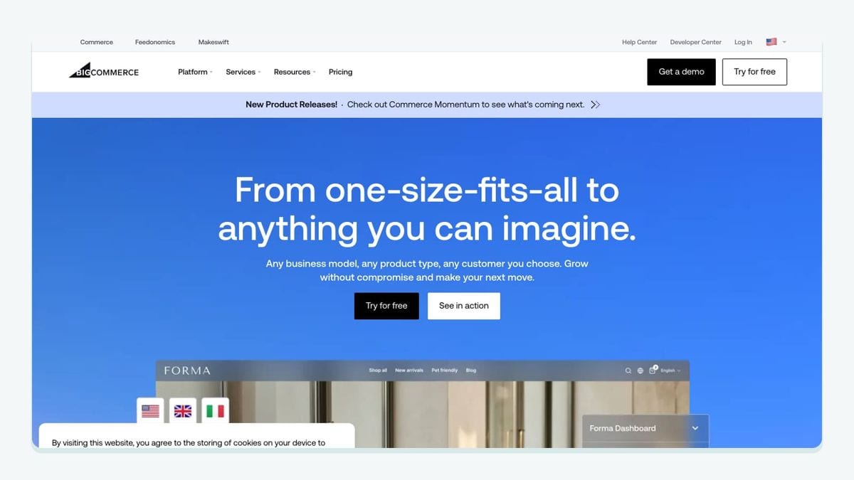 Screenshot of the bigcommerce homepage