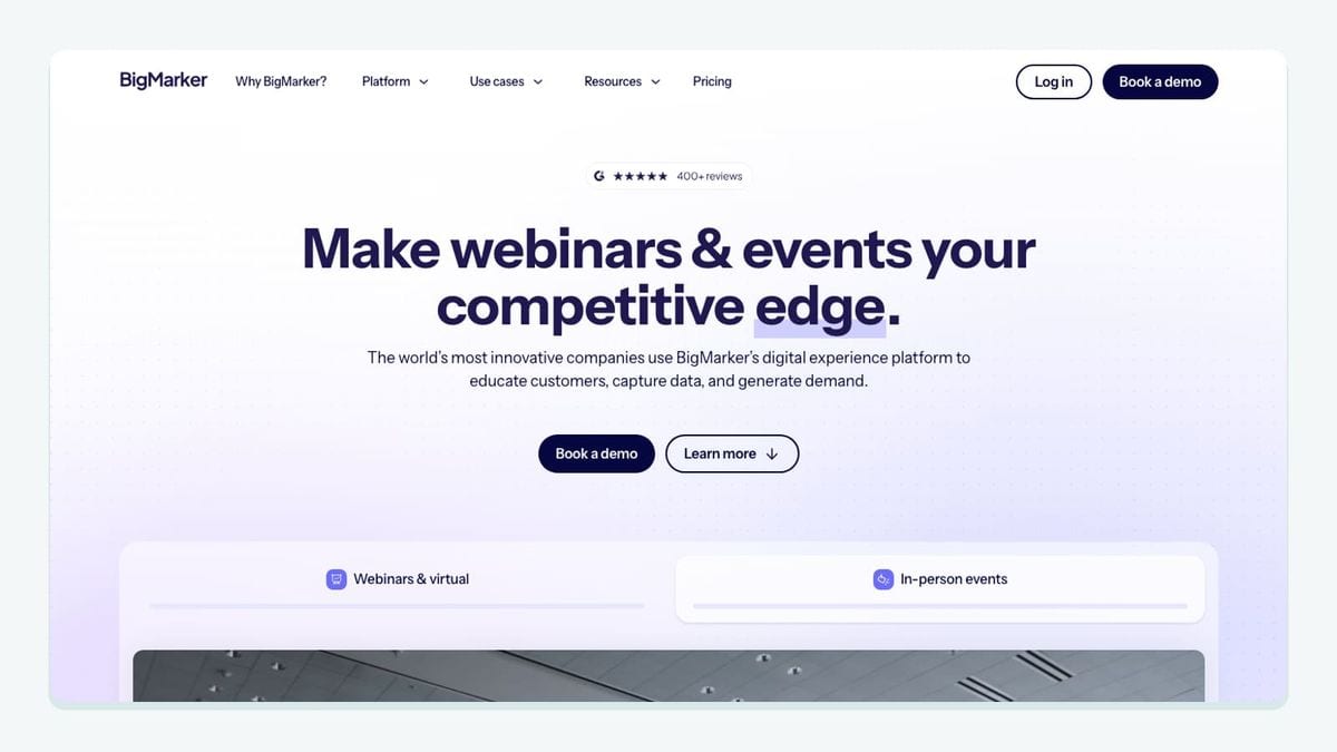 Screenshot of the bigmarker homepage
