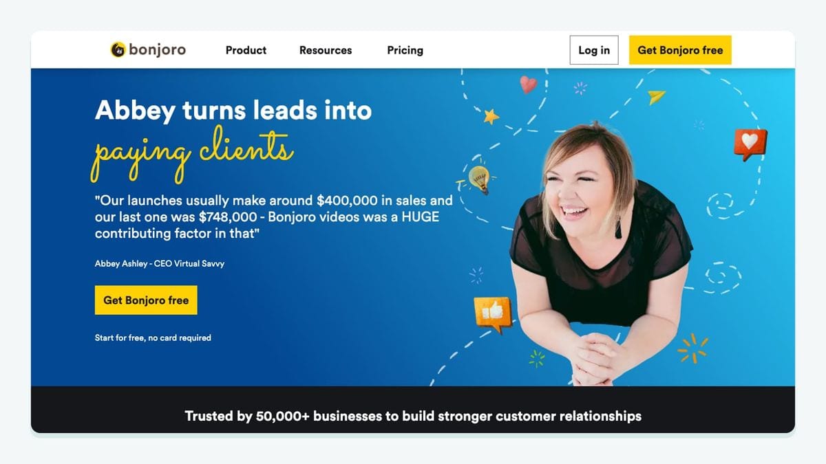 Screenshot of the bonjoro homepage