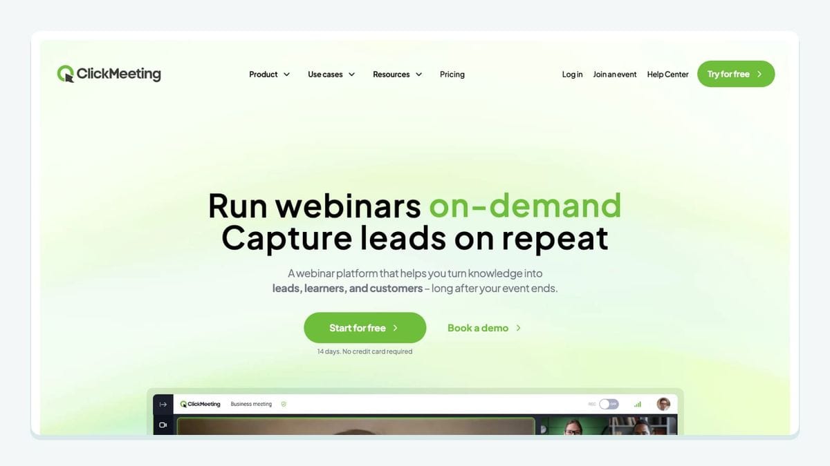 Screenshot of the clickmeeting homepage