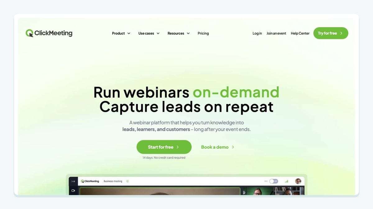 Screenshot of the clickmeeting homepage