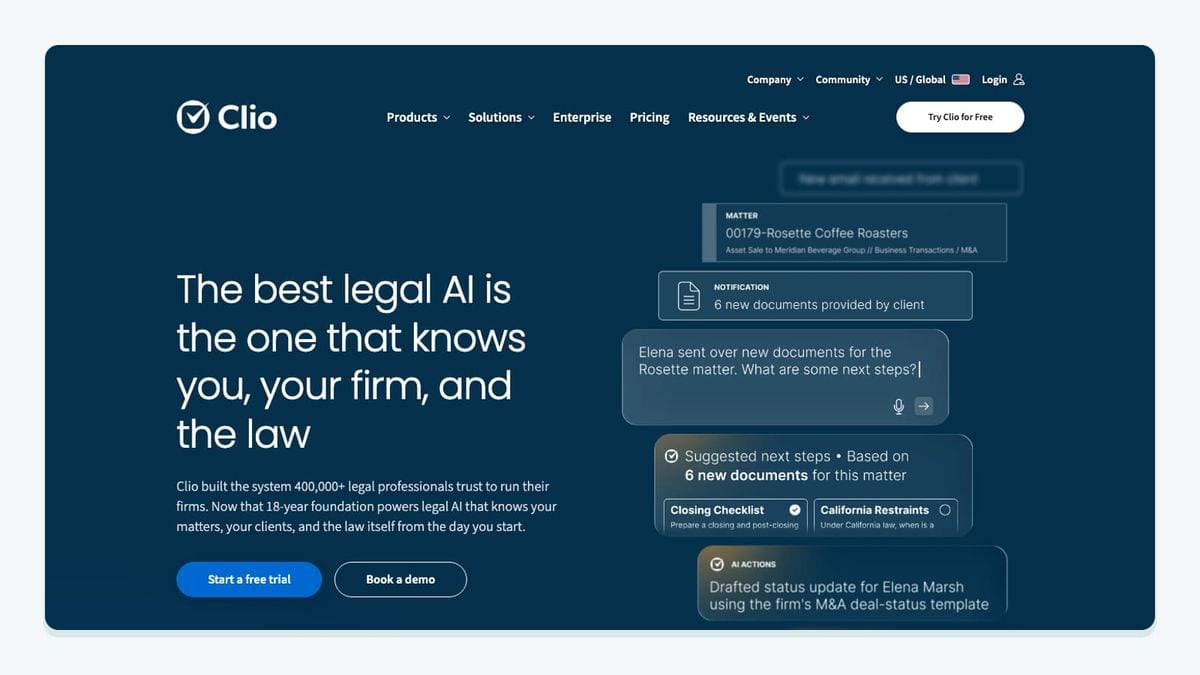 Screenshot of the clio homepage