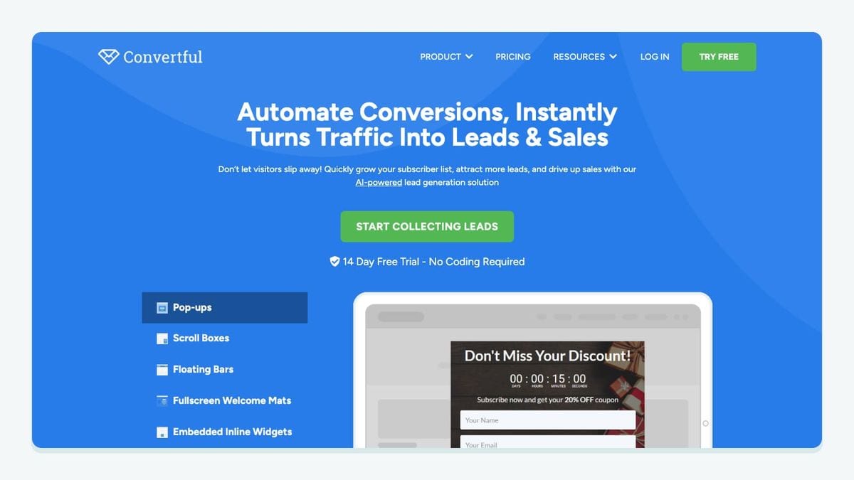 Screenshot of the convertful homepage