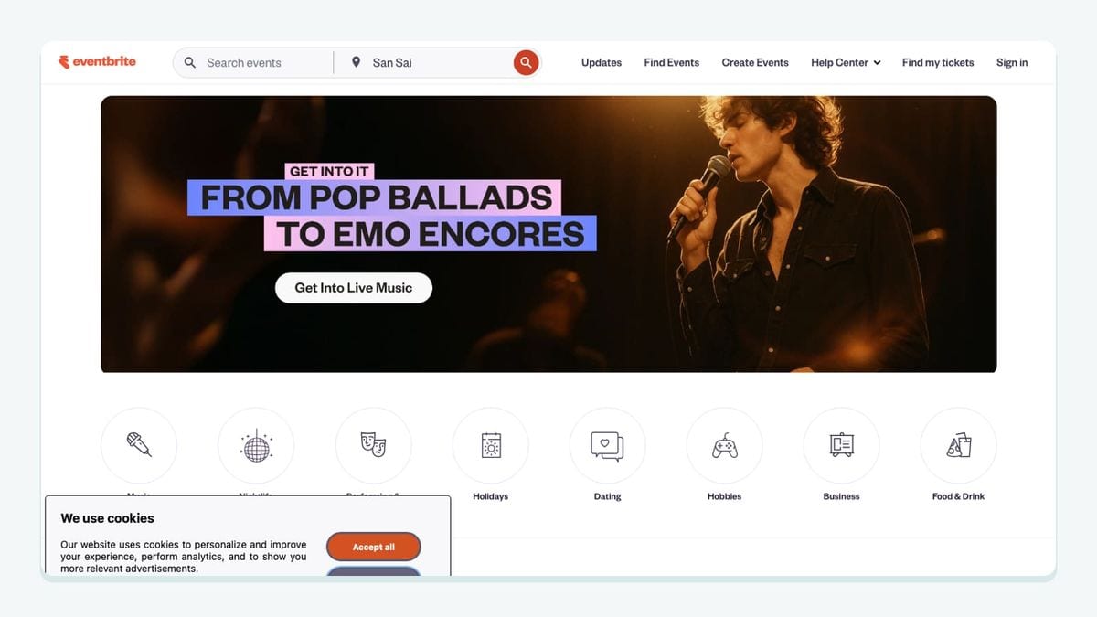 Screenshot of the eventbrite homepage