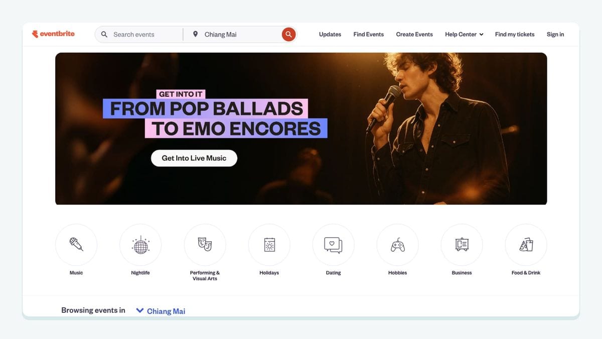 Screenshot of the eventbrite homepage