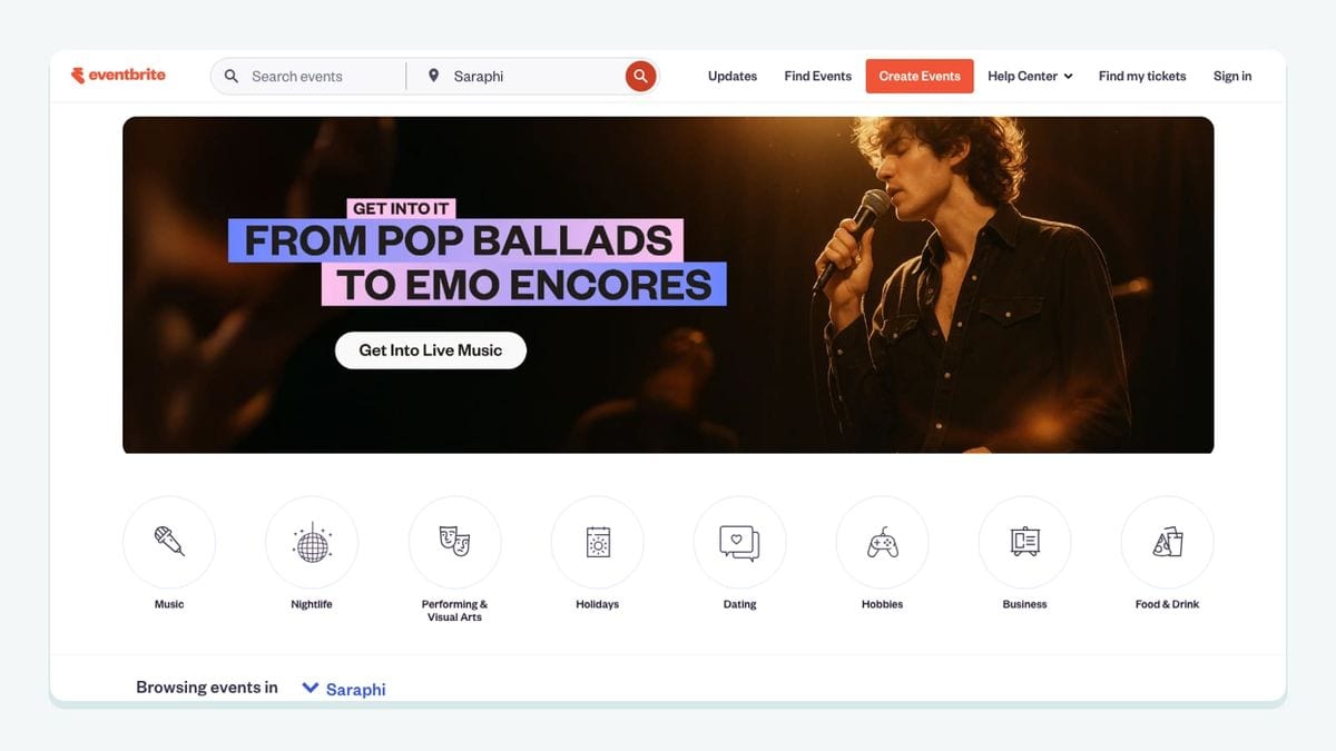 Screenshot of the eventbrite homepage