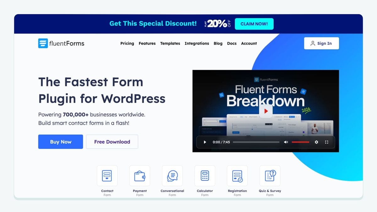 Screenshot of the fluent forms homepage