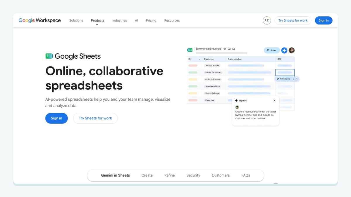 Screenshot of the google sheets homepage