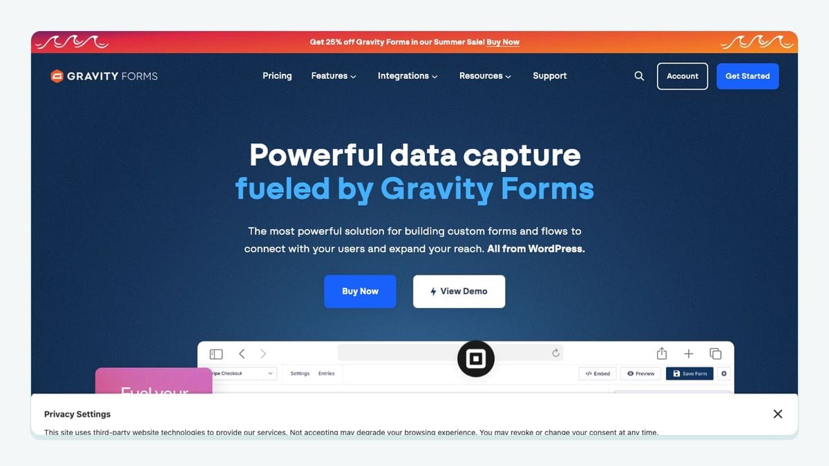 Screenshot of the gravity forms homepage