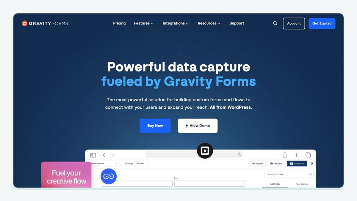 Screenshot of the gravity forms homepage