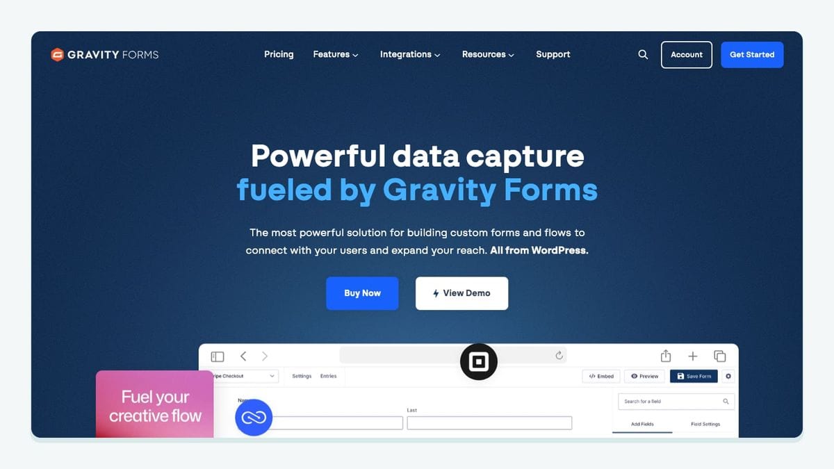 Screenshot of the gravity forms homepage