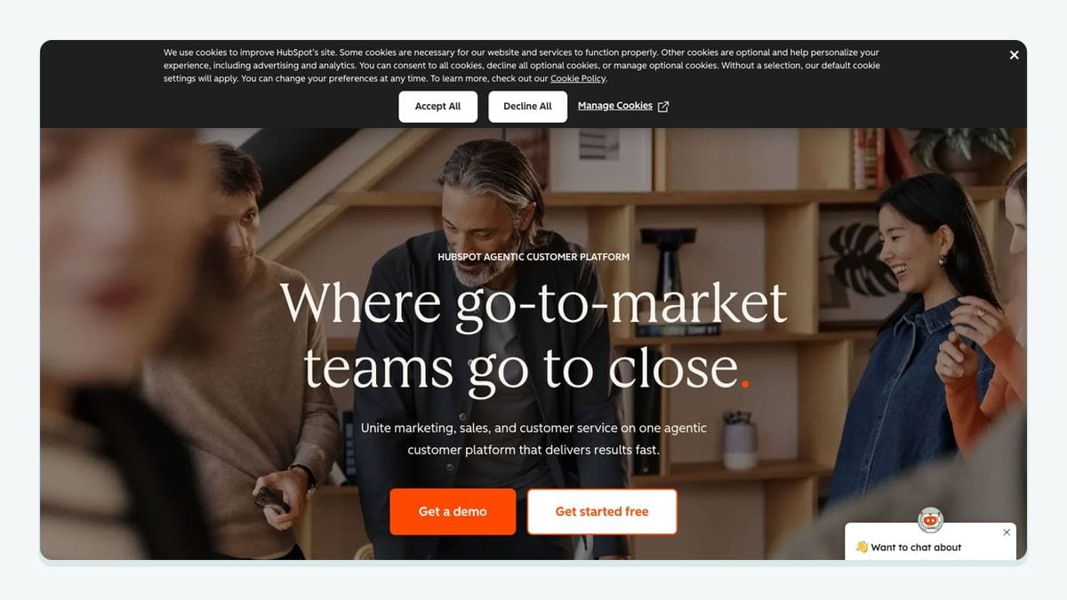 Screenshot of the hubspot homepage