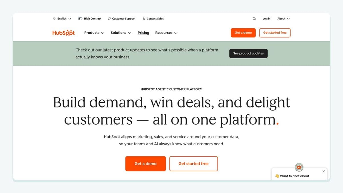 Screenshot of the hubspot homepage