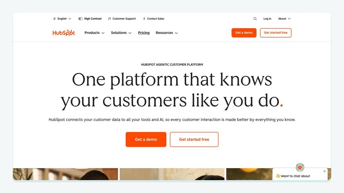 Screenshot of the hubspot homepage