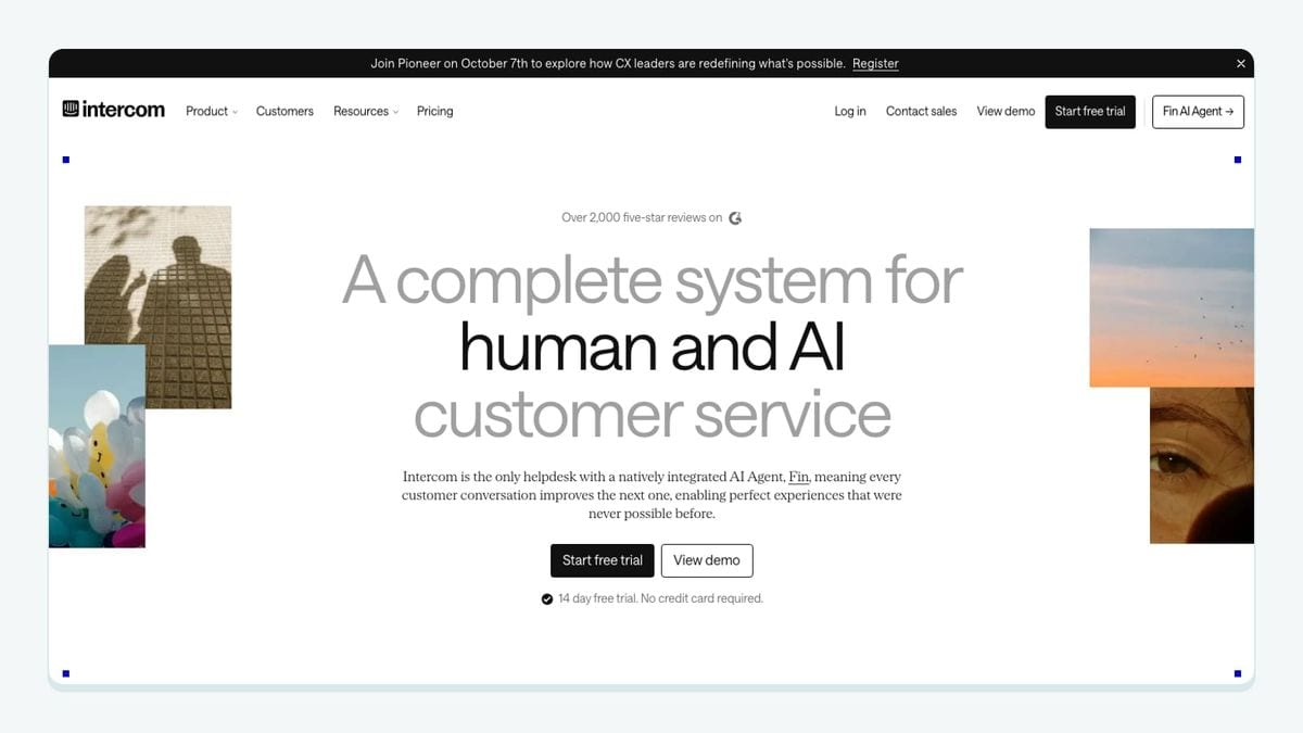 Screenshot of the intercom homepage