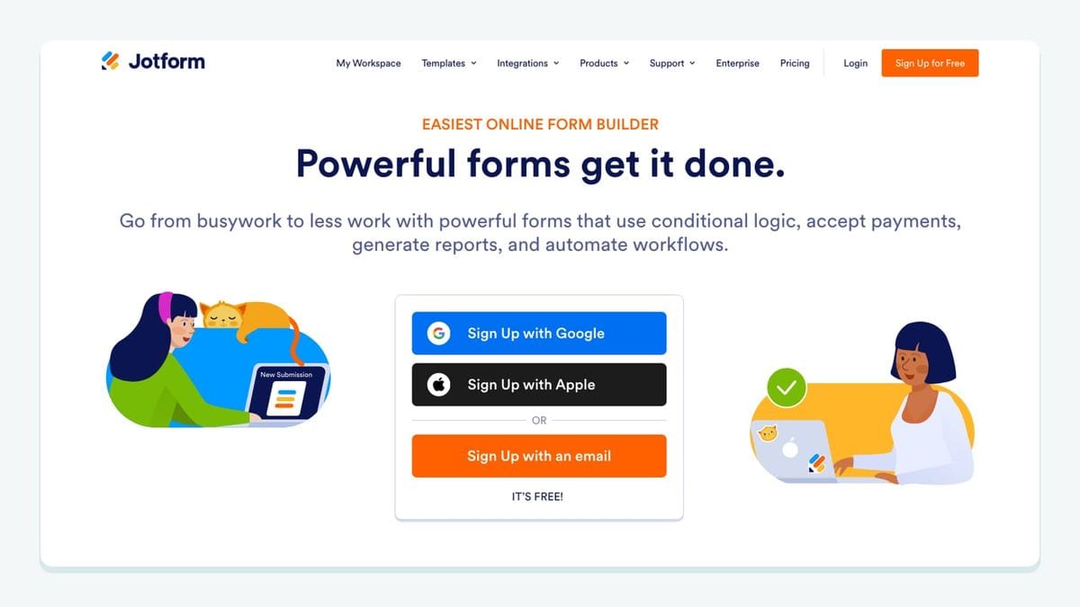 Screenshot of the jotform homepage