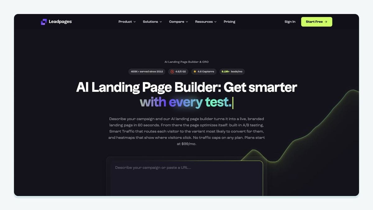 Screenshot of the leadpages homepage