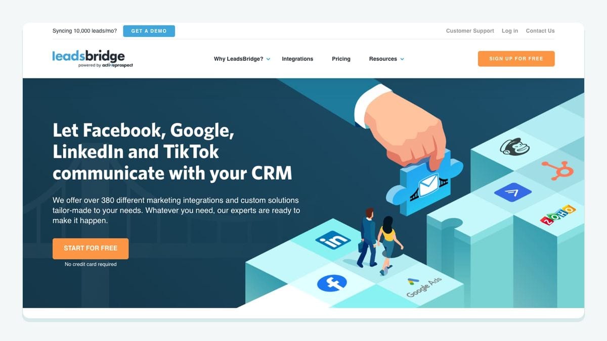 Screenshot of the leadsbridge homepage