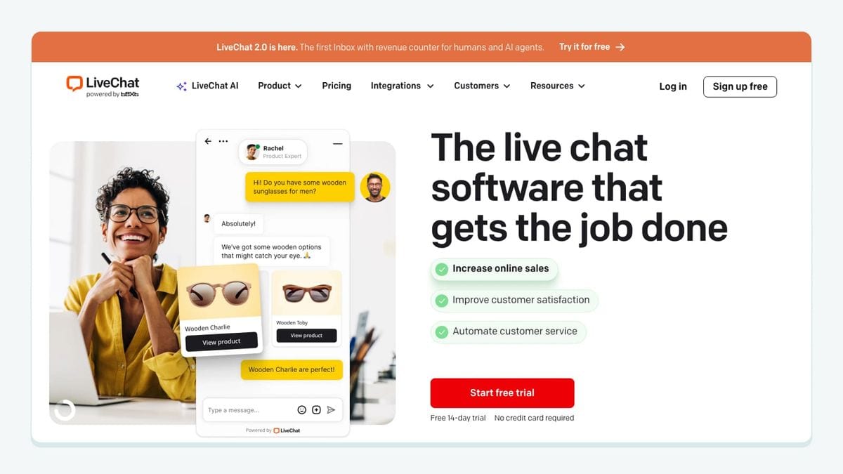 Screenshot of the livechat homepage