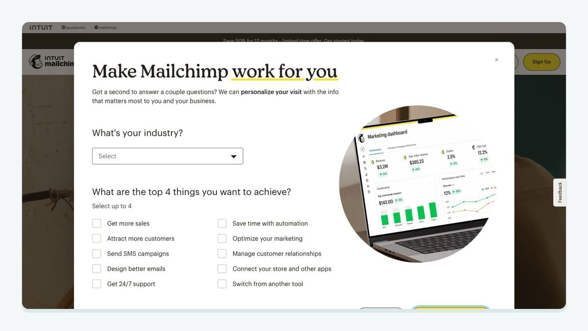 Screenshot of the mailchimp homepage