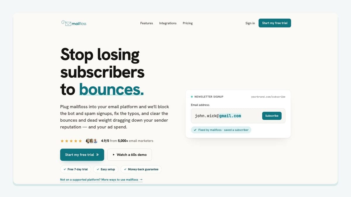 Screenshot of the mailfloss homepage