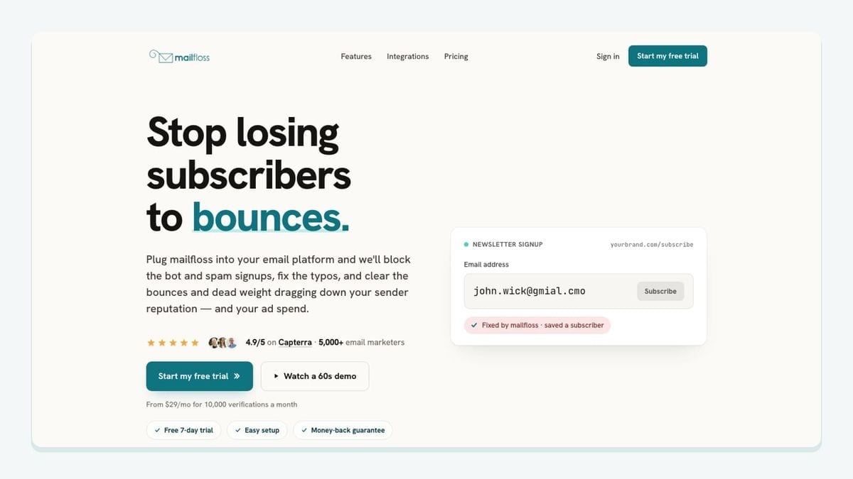 Screenshot of the mailfloss homepage