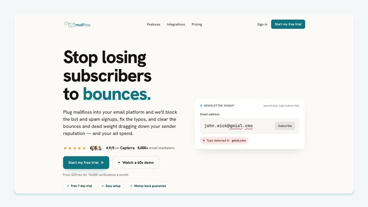 Screenshot of the mailfloss homepage