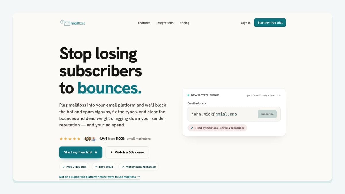 Screenshot of the mailfloss homepage