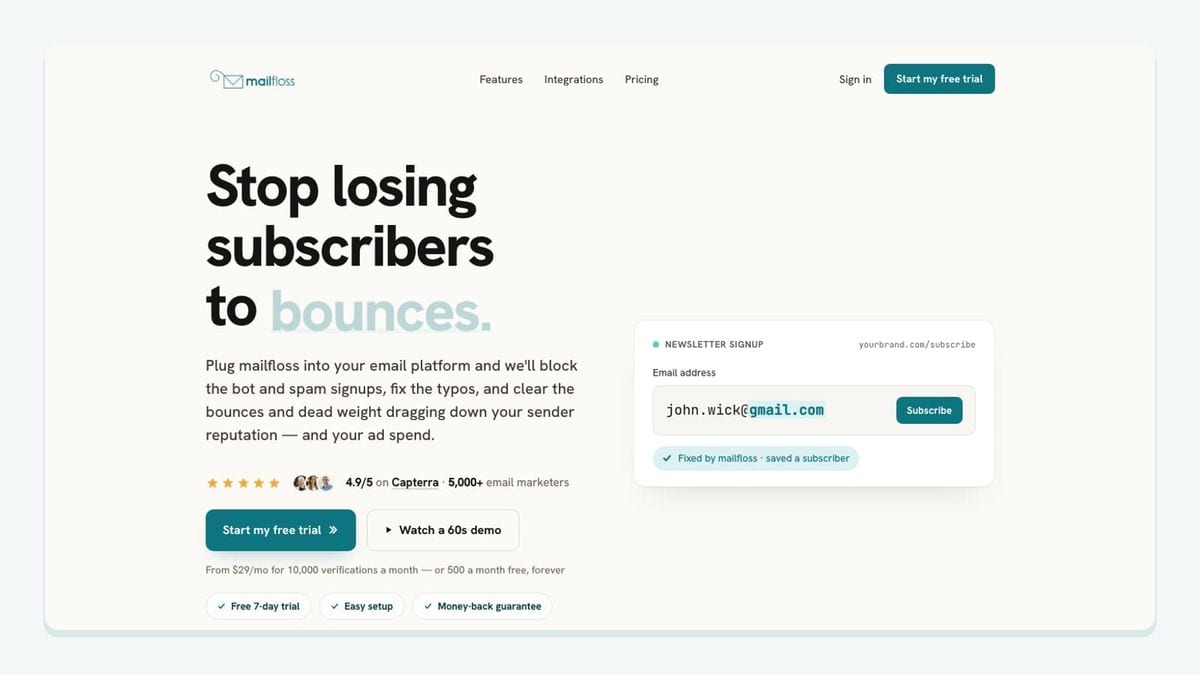 Screenshot of the mailfloss homepage