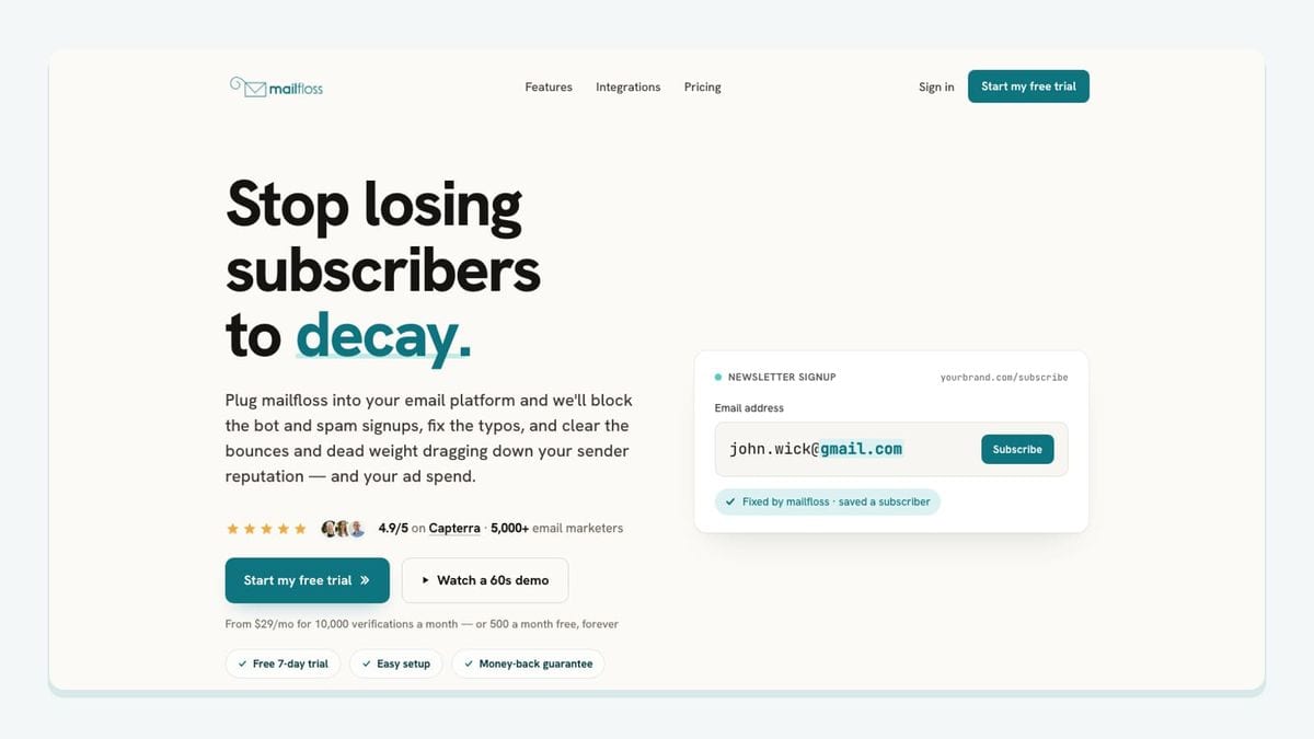Screenshot of the mailfloss homepage