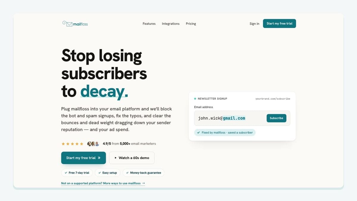 Screenshot of the mailfloss homepage