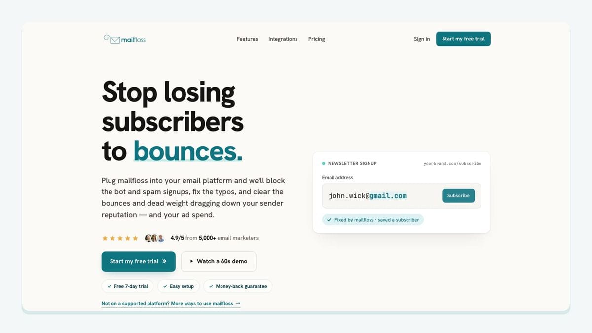 Screenshot of the mailfloss homepage