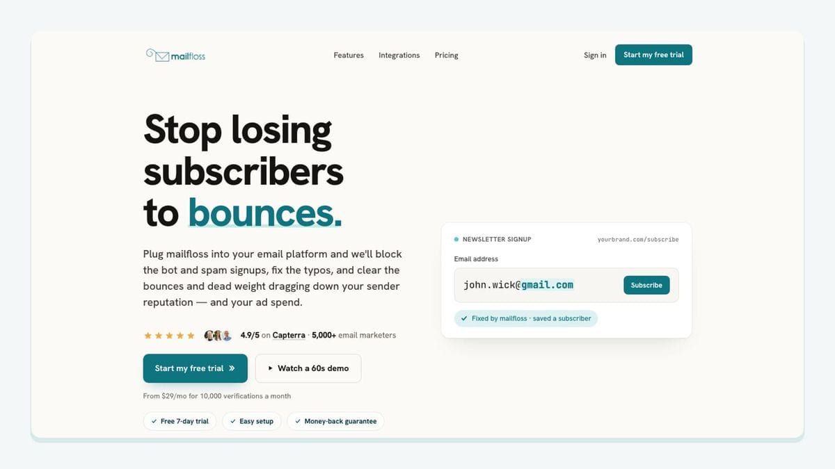 Screenshot of the mailfloss homepage