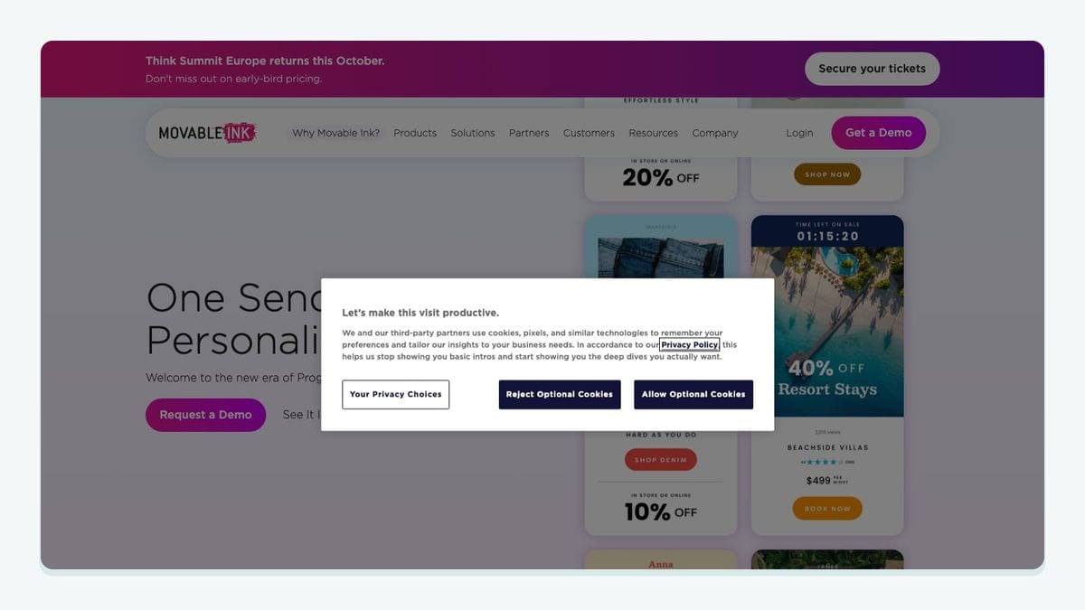 Screenshot of the movable ink homepage