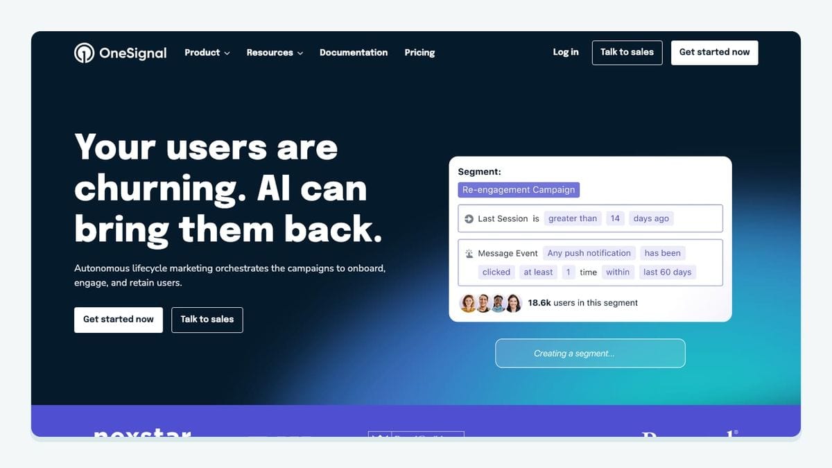 Screenshot of the onesignal homepage