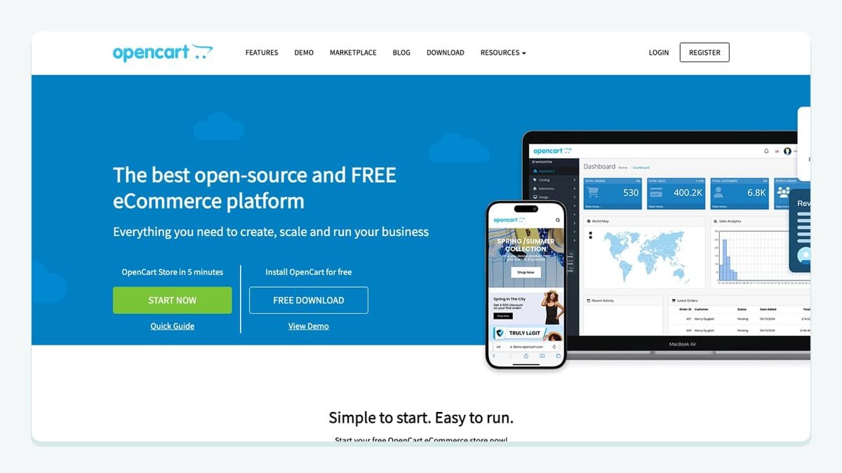 Screenshot of the opencart homepage