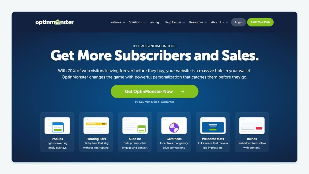 Screenshot of the optinmonster homepage