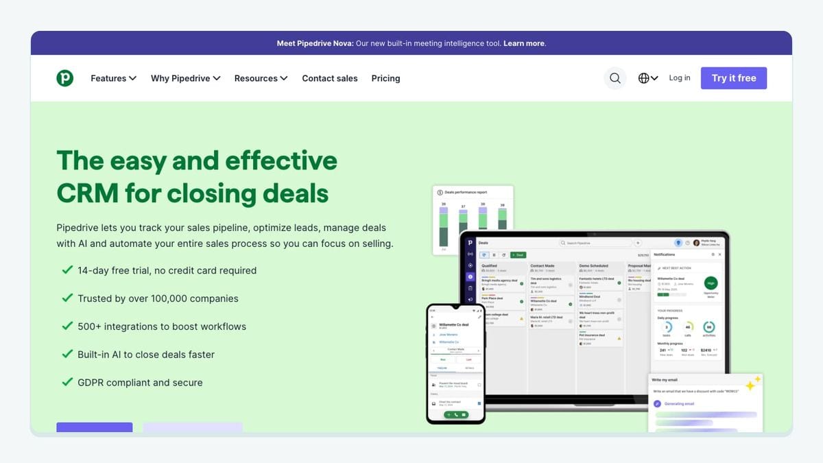 Screenshot of the pipedrive homepage