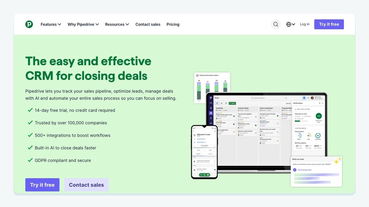 Screenshot of the pipedrive homepage