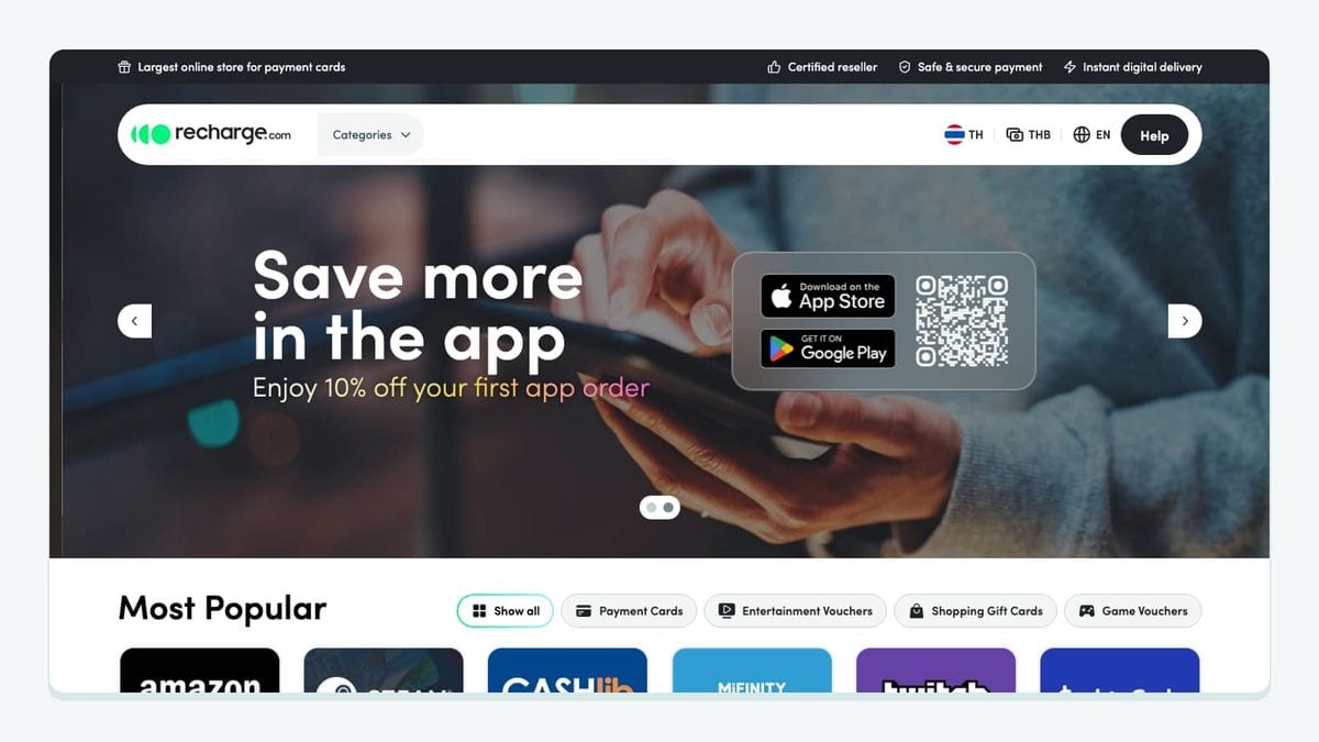 Screenshot of the recharge homepage