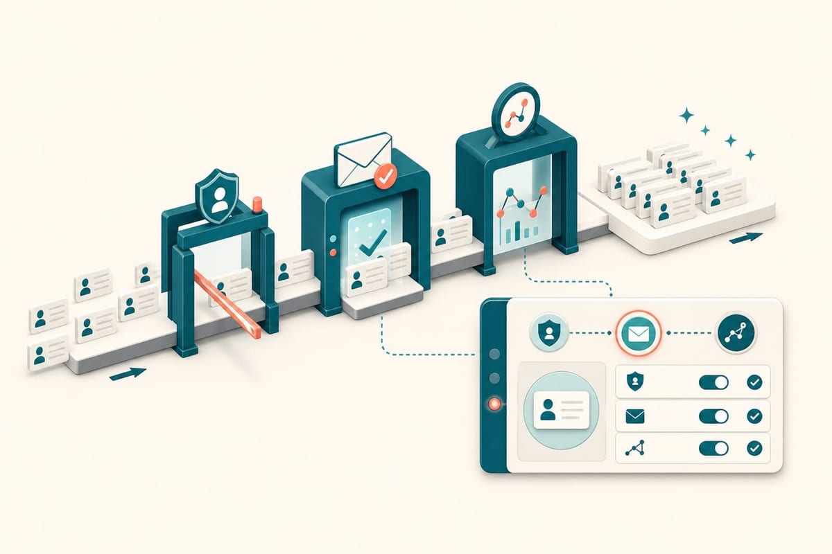 GoHighLevel contacts passing through entry, email-verification, and behavior-review gates before reaching a campaign list