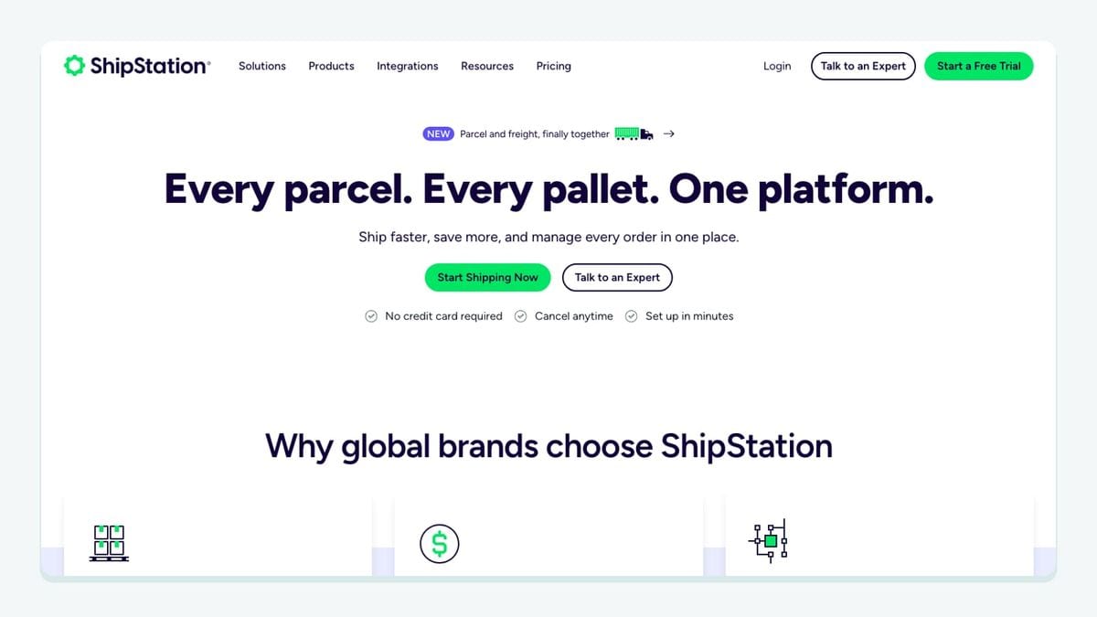 Screenshot of the shipstation homepage
